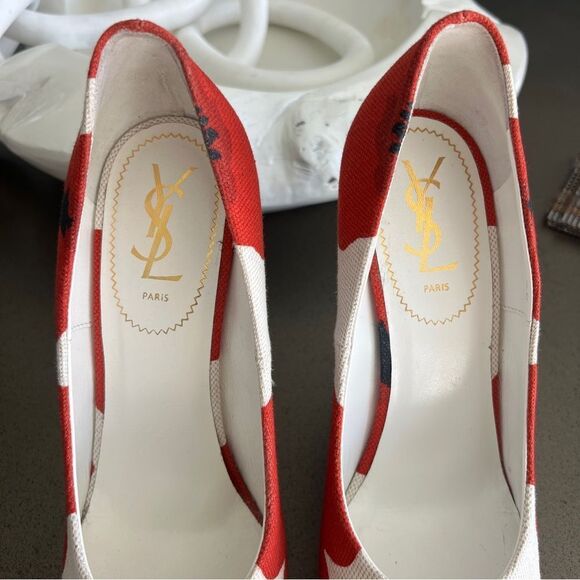 YSL Red Floral Canvas Wedge Heels - Size 40 - Picture 5 of 10